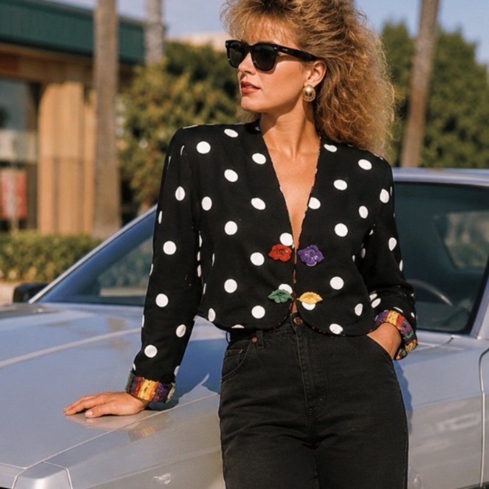 VTG 80s Polka Dot Cropped Blazer Floral Buttons Black White Sz s new wave